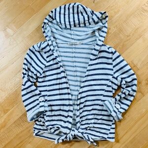 Navy and White Strip Terry Cloth Tie Waist Hoodie Size Small